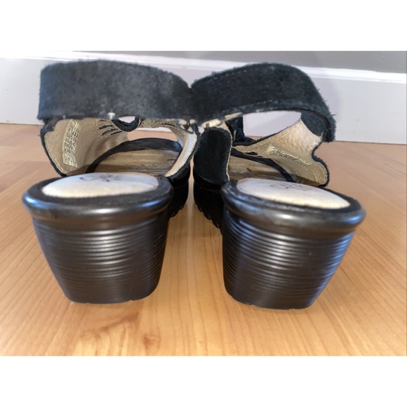 SKECHERS Parallel Trapezoid Wedge Sandal Black Size 6 Peep Toe Suede Leather - Picture 6 of 10